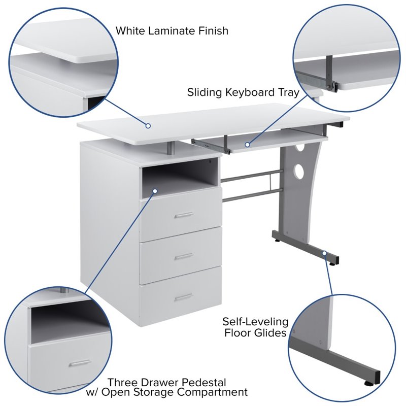 Bowery Hill 3-Drawers Pedestal Computer Desk in White
