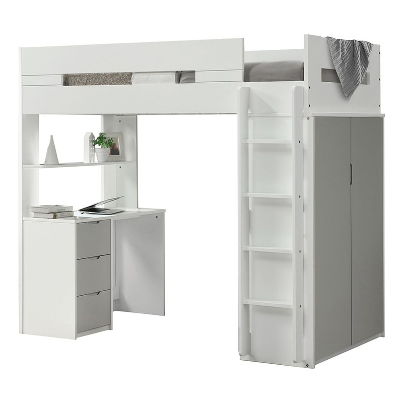 Bowery Hill Contemporary Wood Twin Storage Loft Bed with Desk in White/Gray