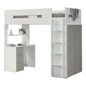 Bowery Hill Contemporary Wood Twin Storage Loft Bed with Desk in White/Gray