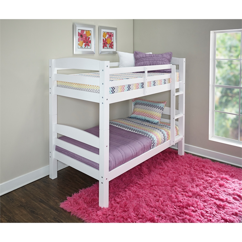 Bowery Hill Solid Pine White Bunk Bed Twin Over Twin Built-in Ladder Detachable 80.5