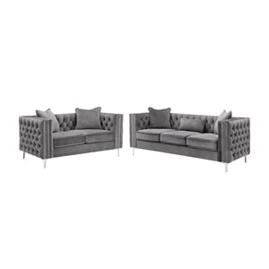 Bowery Hill 2 Piece Button Tufted Velvet Contemporary Sofa Set -Gray