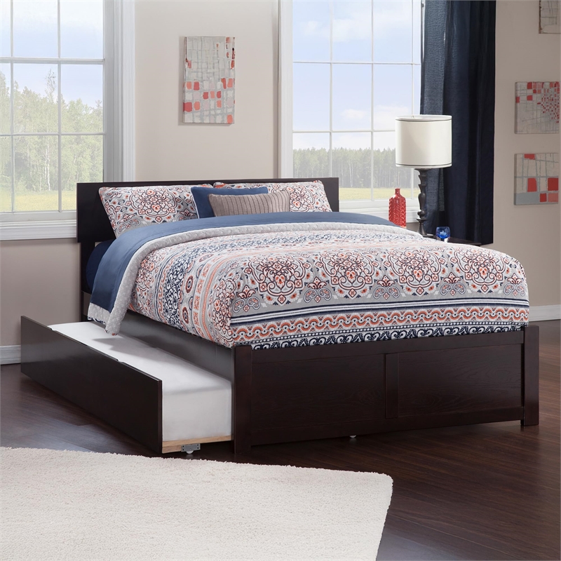 Bowery Hill Full Wood Platform Bed with Footboard and Full Trundle in Espresso