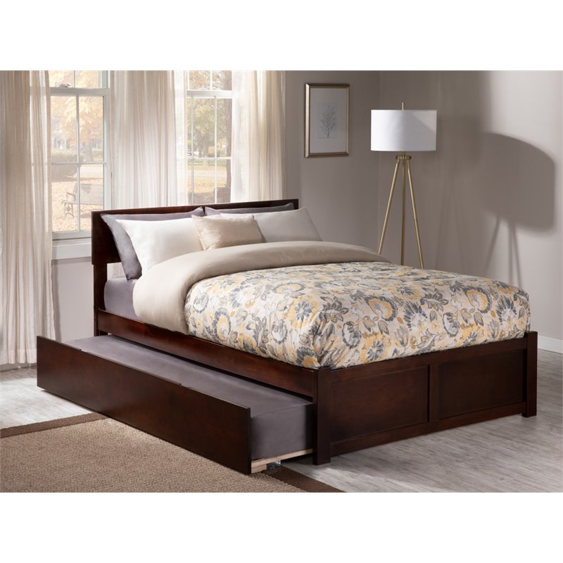 Bowery Hill Full Wood Platform Bed with Footboard and Full Trundle in Walnut