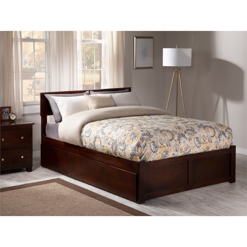 Bowery Hill Full Wood Platform Bed with Footboard and Full Trundle in Walnut