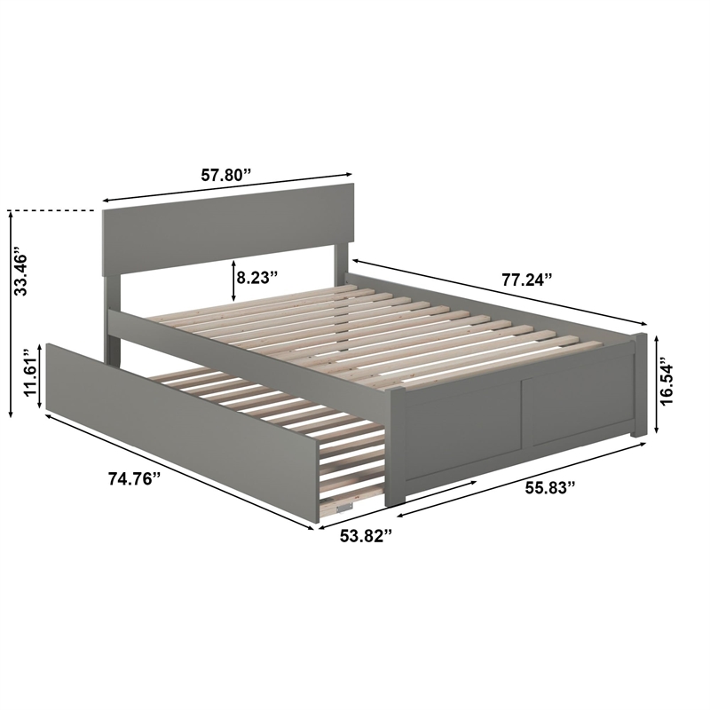Bowery Hill Full Wood Platform Bed with Footboard and Full Trundle in Grey
