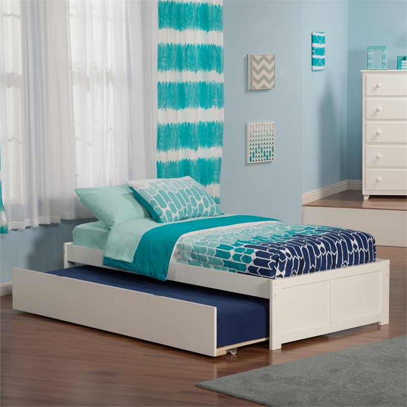 Bowery Hill Solid Wood White Twin XL Platform Panel Bed with Trundle