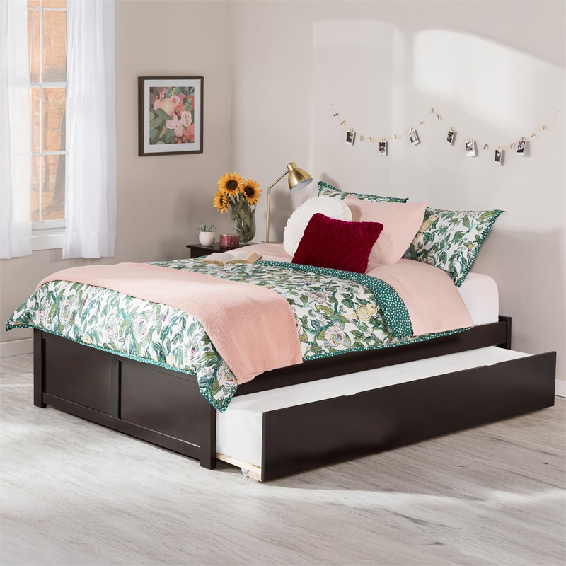Bowery Hill Solid Wood Espresso Queen Platform Panel Bed with Trundle Minimalist Design 82.5
