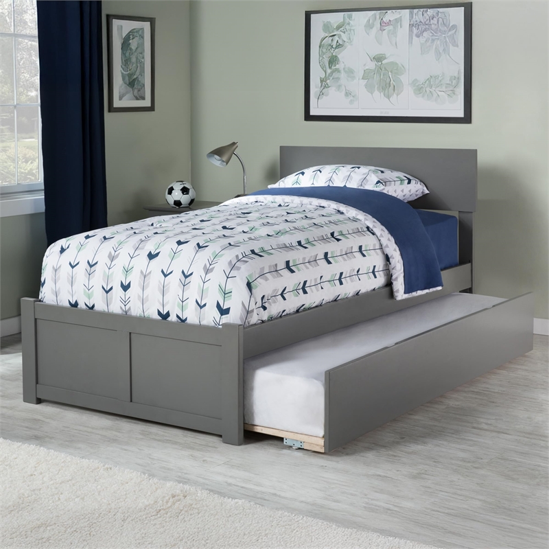 Bowery Hill Twin XL Wood Platform Bed with Footboard and Twin XL Trundle in Grey