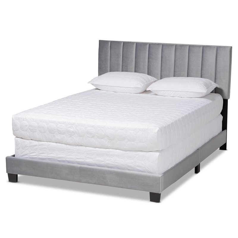 Bowery Hill Full Size Gray Velvet Panel Bed with Tufted Headboard