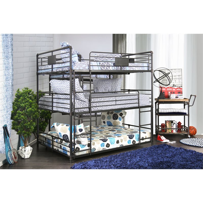 Bowery Hill Metal Antique Black Full Triple Bunk Bed Industrial Design 78.75