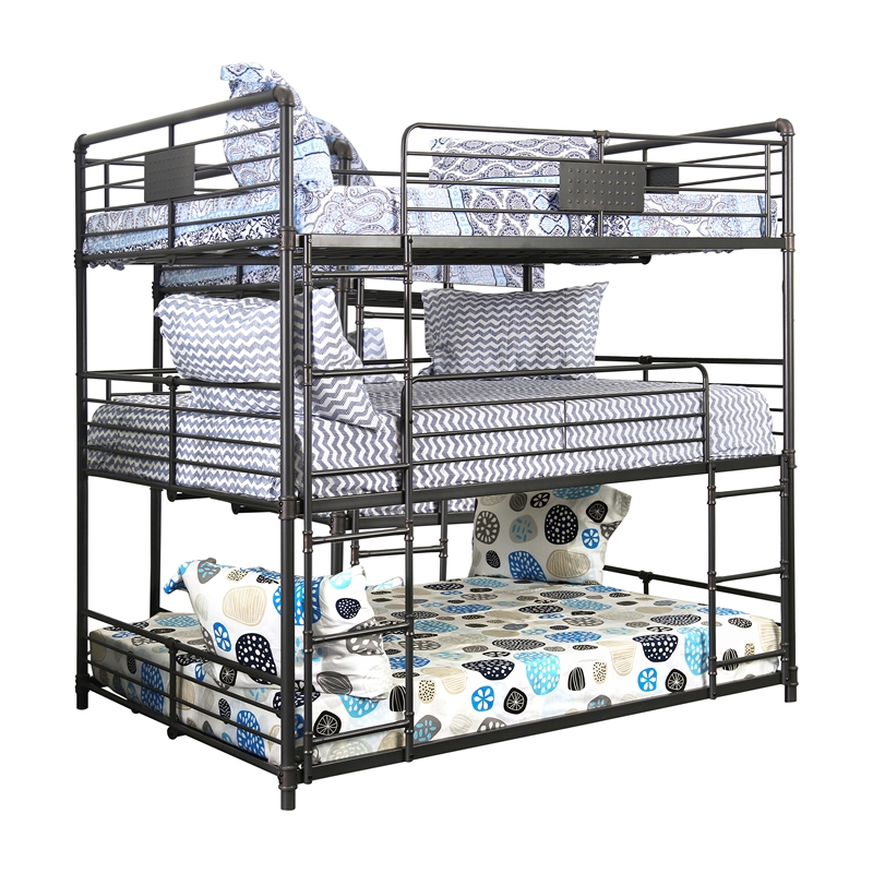 Bowery Hill Metal Antique Black Full Triple Bunk Bed Industrial Design 78.75