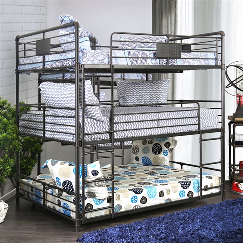 Bowery Hill Metal Antique Black Full Triple Bunk Bed Industrial Design 78.75
