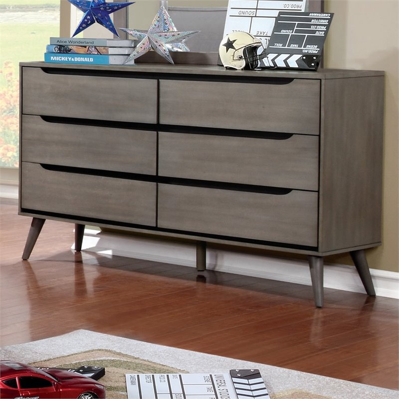 Bowery Hill Mid-Century Modern Wood 6-Drawer Dresser in Gray