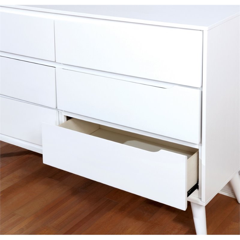 Bowery Hill Mid-Century Solid Wood Dresser and Rectangular Mirror in White