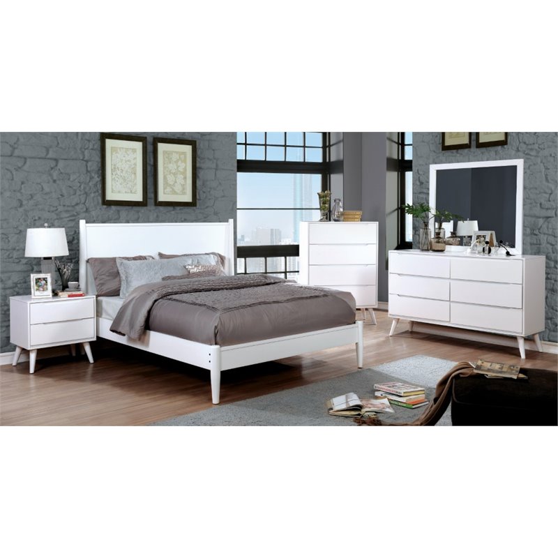 Bowery Hill Mid-Century Solid Wood Dresser and Rectangular Mirror in White