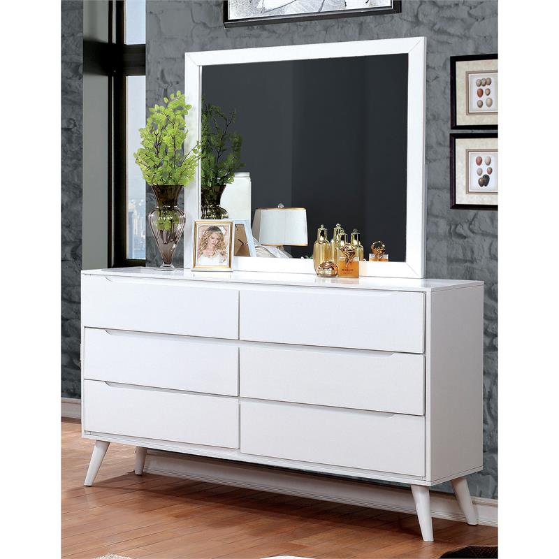 Bowery Hill Mid-Century Solid Wood Dresser and Rectangular Mirror in White
