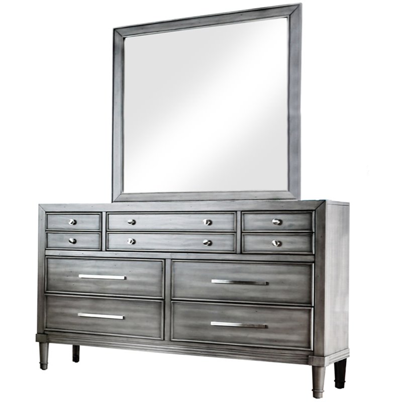 Bowery Hill 2-Piece 7-Drawer Transitional Wood Dresser and Mirror in Gray