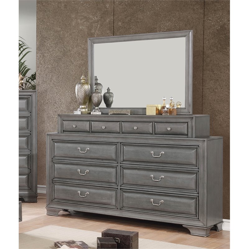 Bowery Hill Transitional 10-Drawer Wood Dresser and Mirror in Gray