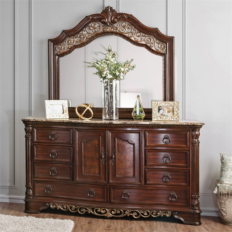 Bowery Hill Wood Brown Cherry Dresser Horizontal Genuine Marble Top Pre-Assembled