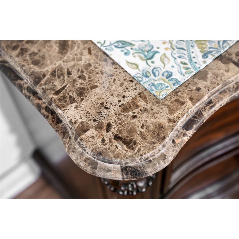 Bowery Hill Wood Brown Cherry Dresser Horizontal Genuine Marble Top Pre-Assembled