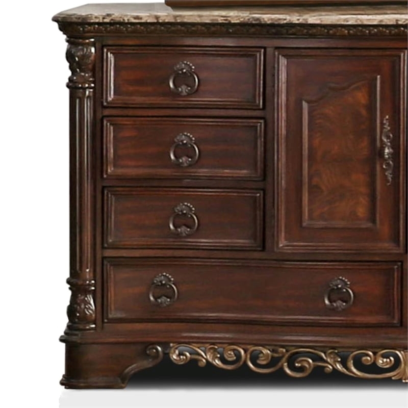 Bowery Hill Wood Brown Cherry Dresser Horizontal Genuine Marble Top Pre-Assembled