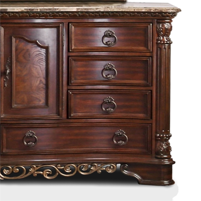 Bowery Hill Wood Brown Cherry Dresser Horizontal Genuine Marble Top Pre-Assembled