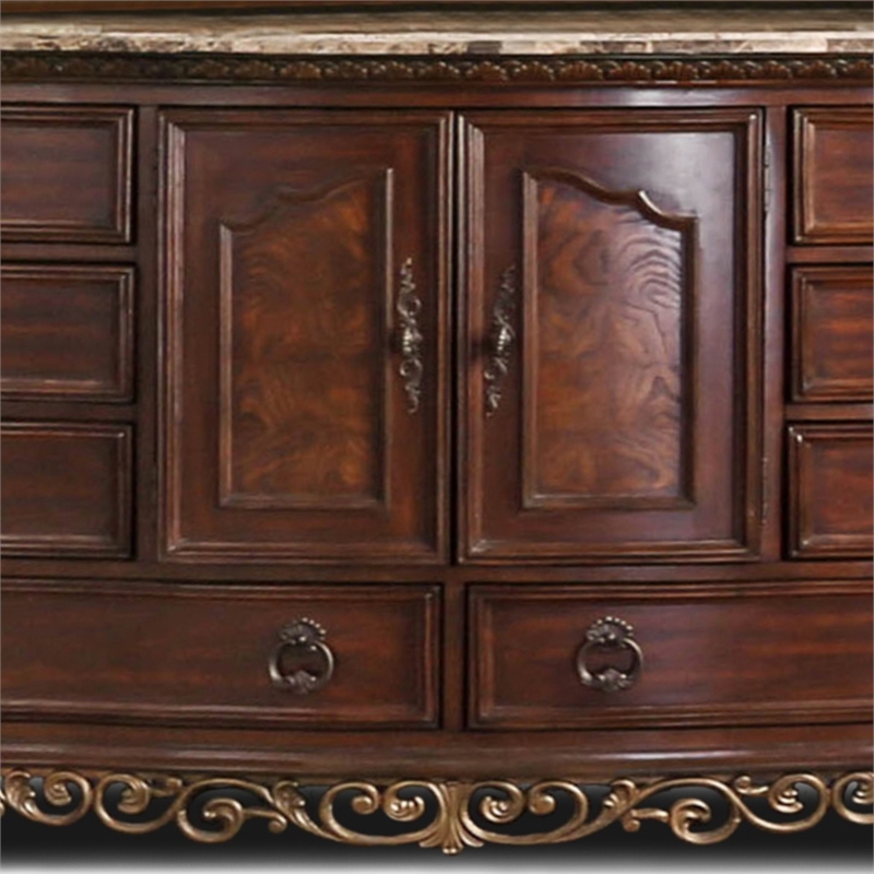 Bowery Hill Wood Brown Cherry Dresser Horizontal Genuine Marble Top Pre-Assembled