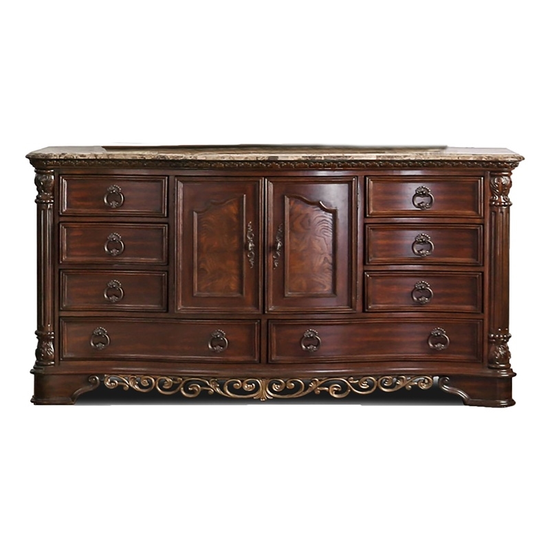 Bowery Hill Wood Brown Cherry Dresser Horizontal Genuine Marble Top Pre-Assembled