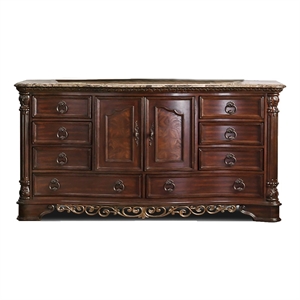 Bowery Hill Wood Brown Cherry Dresser Horizontal Genuine Marble Top Pre-Assembled