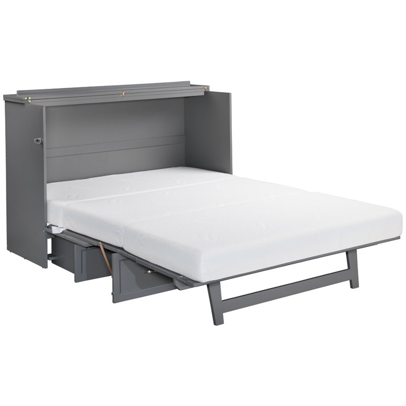 Bowery Hill Queen Traditional Solid Wood Murphy Bed Chest with Mattress in Gray