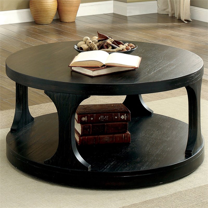 Bowery Hill Solid Wood Antique Black Coffee Table Round Open Shelf 36