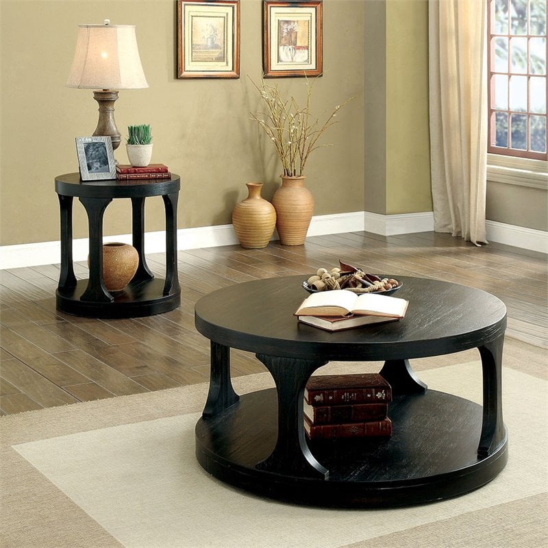 Bowery Hill Solid Wood Antique Black Coffee Table Round Open Shelf 36
