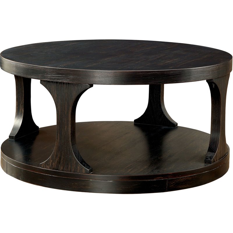 Bowery Hill Solid Wood Antique Black Coffee Table Round Open Shelf 36