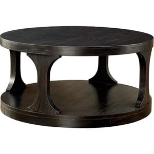 Bowery Hill Solid Wood Antique Black Coffee Table Round Open Shelf 36&quot Unassembled