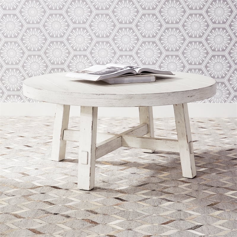 Bowery Hill Engineered Wood White Cocktail Table Round Planked Tops
