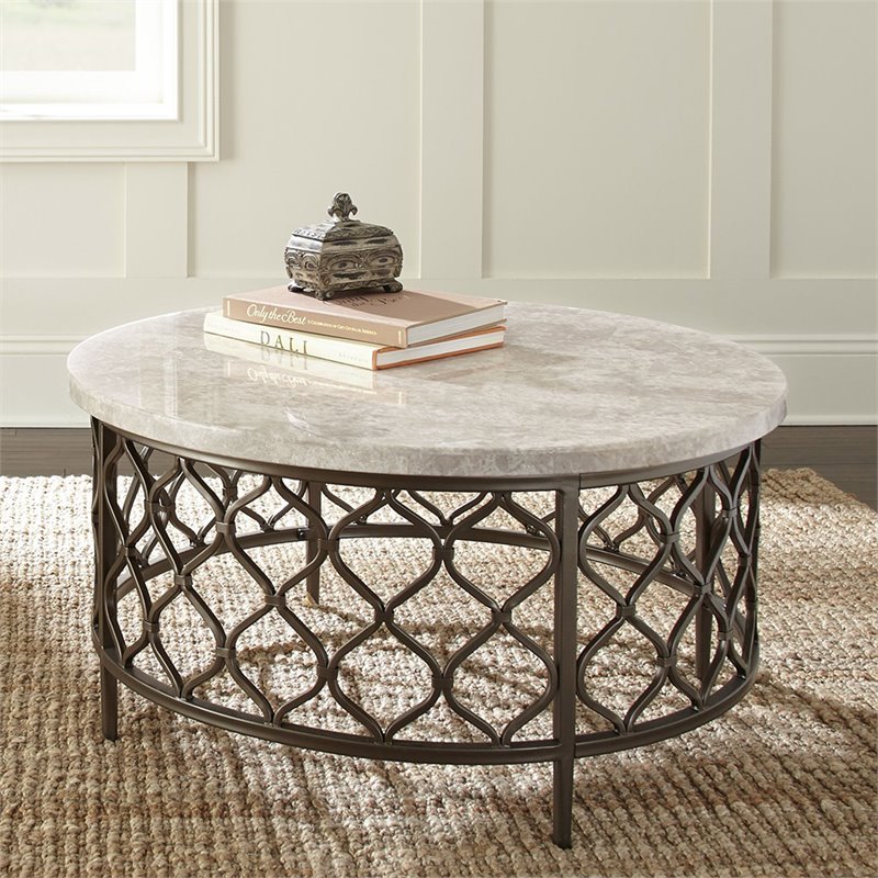 Bowery Hill Espresso White Stone Top with Bronze Metal Base Coffee Table