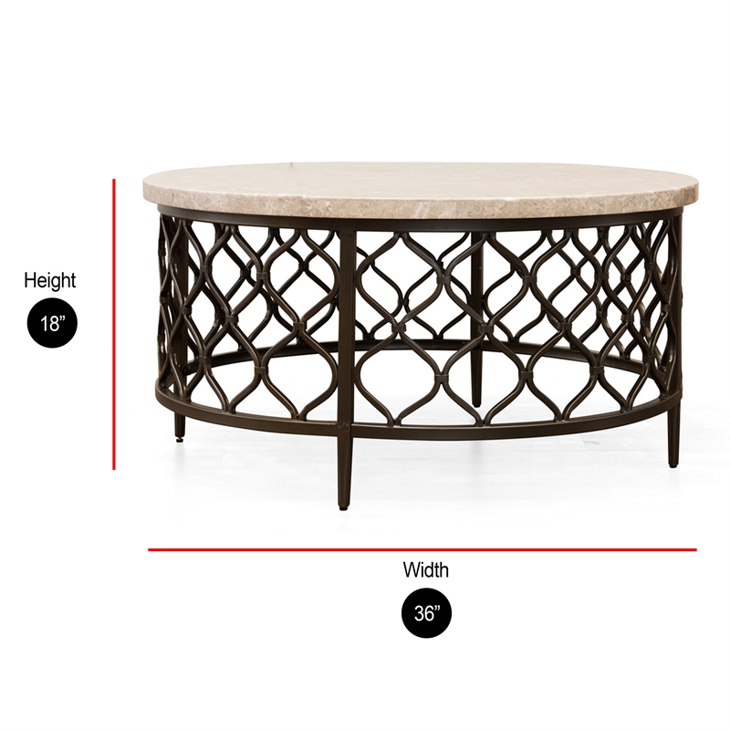 Bowery Hill Espresso White Stone Top with Bronze Metal Base Coffee Table