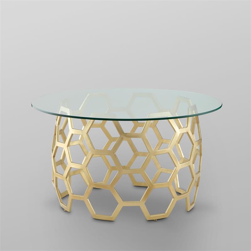 Bowery Hill Round Glass Top Coffee Table in Gold