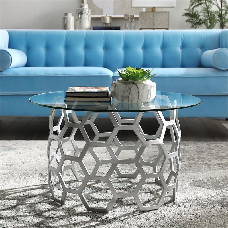 Bowery Hill Round Glass Top Coffee Table in Silver