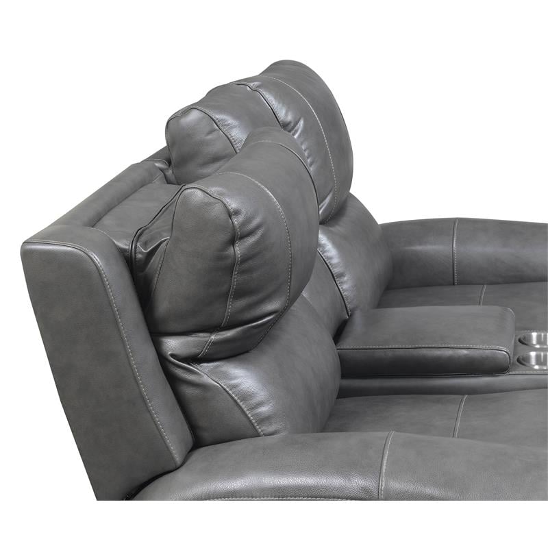 Bowery Hill Grey Leather Power Reclining Console Loveseat