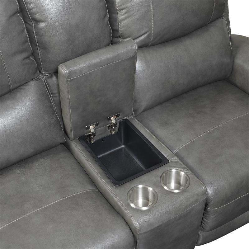 Bowery Hill Grey Leather Power Reclining Console Loveseat
