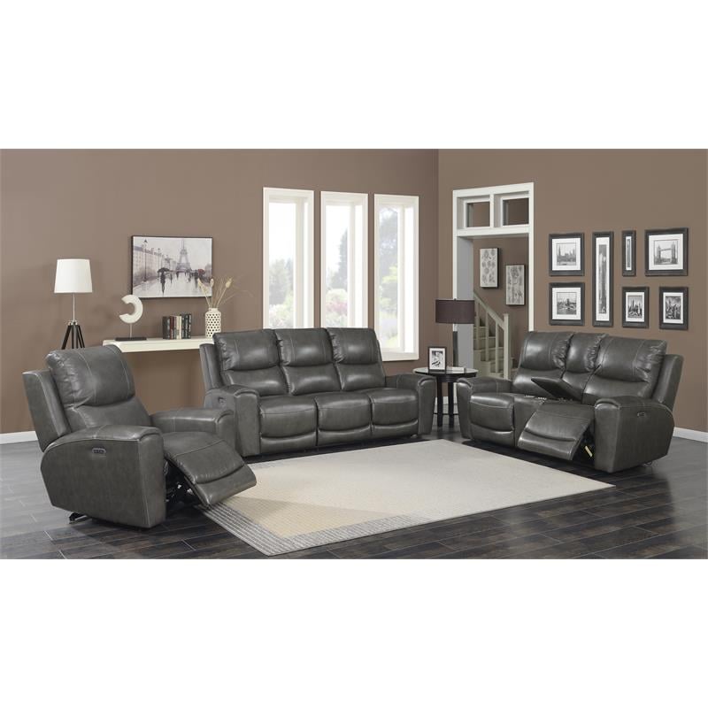 Bowery Hill Grey Leather Power Reclining Console Loveseat