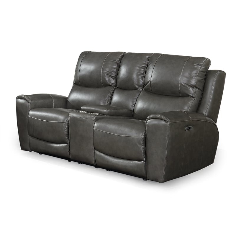 Bowery Hill Grey Leather Power Reclining Console Loveseat