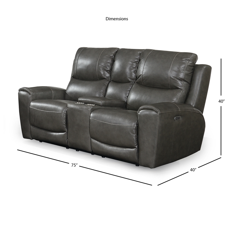 Bowery Hill Grey Leather Power Reclining Console Loveseat