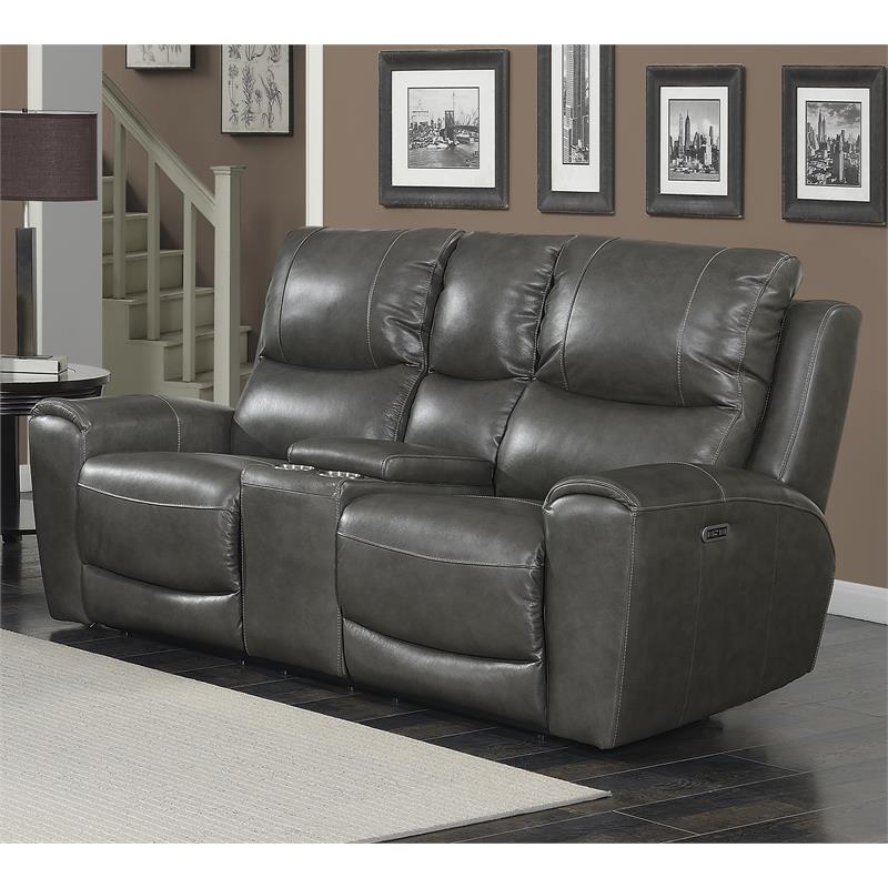 Bowery Hill Grey Leather Power Reclining Console Loveseat