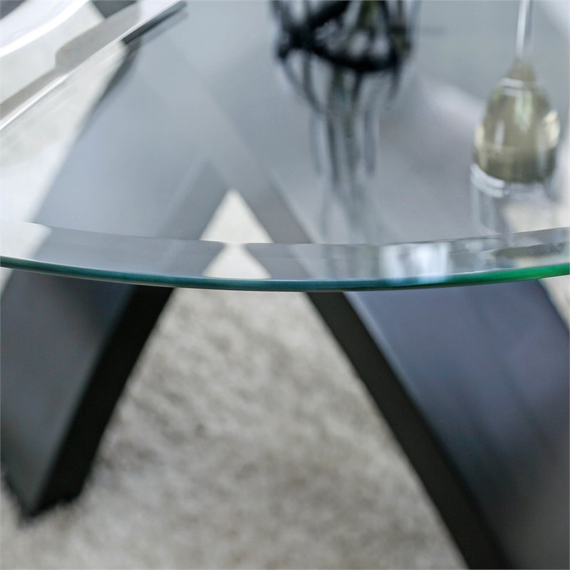 Bowery Hill Round Contemporary Glass/Solid Wood Dining Table in Black