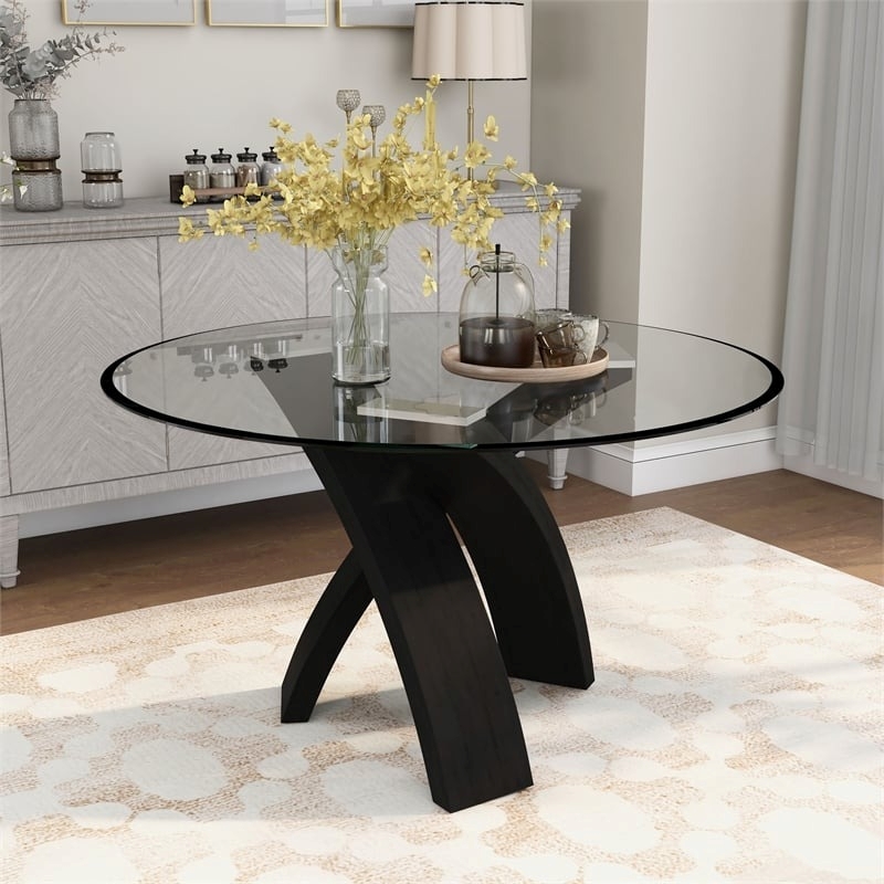Bowery Hill Round Contemporary Glass/Solid Wood Dining Table in Black