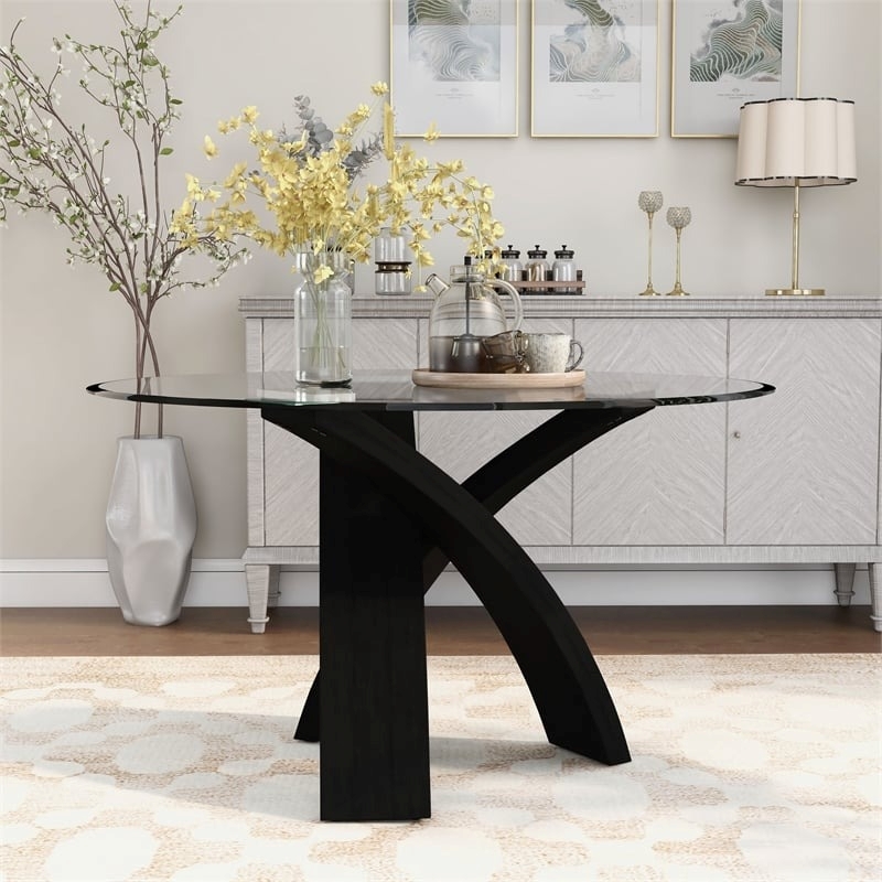 Bowery Hill Round Contemporary Glass/Solid Wood Dining Table in Black