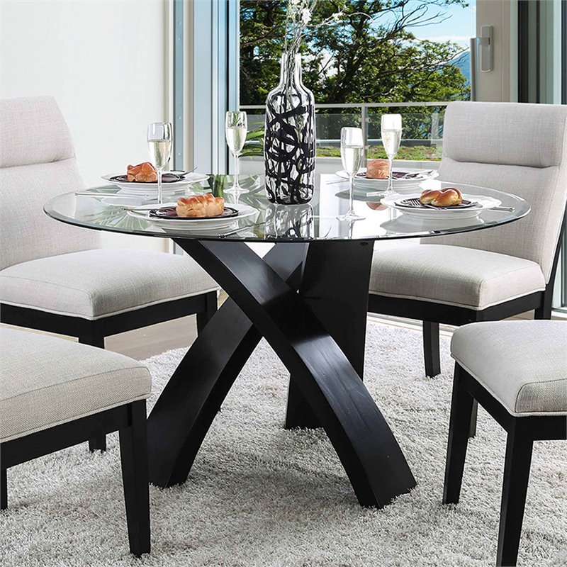 Bowery Hill Round Contemporary Glass/Solid Wood Dining Table in Black