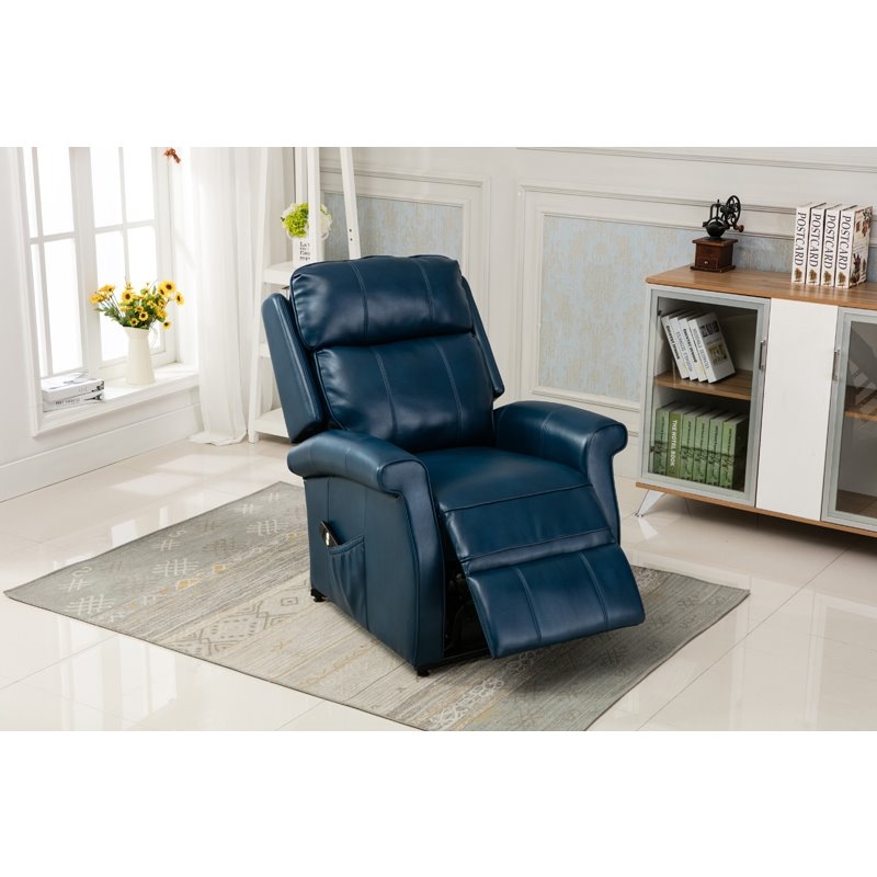 Bowery Hill Faux Leather Navy Blue Recliner Chair Rectangular Lift Function 42.5